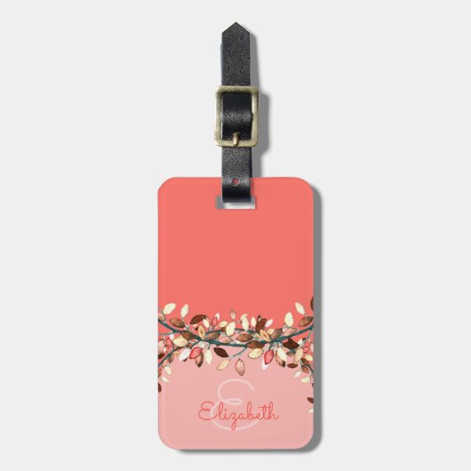 Girly Coral Initiaal Monogram Leafy Branches Bagagelabel (Voorkant verticaal)
