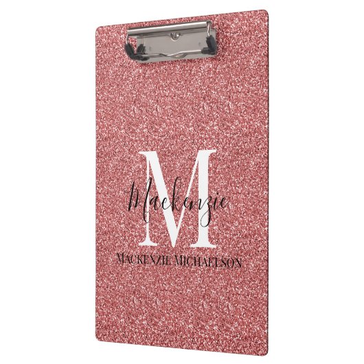 Girly Coral Red Glitter Monogram Naam Klembord (Links)