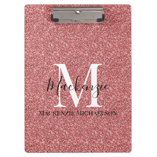 Girly Coral Red Glitter Monogram Naam Klembord (Voorkant)