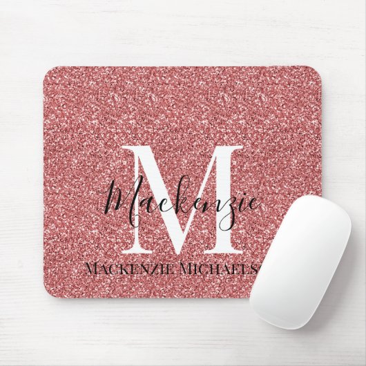 Girly Coral Red Glitter Monogram Naam Muismat (Met muis)