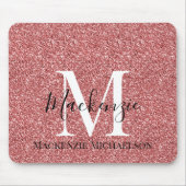 Girly Coral Red Glitter Monogram Naam Muismat (Voorkant)