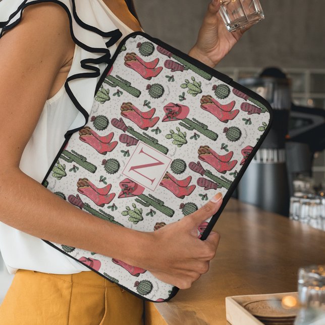 Girly Country Cowgirl Kerstmonogram Laptop Sleeve (Custom "Howdy Christmas" Country Xmas Cowgirl Boots, Hats, Mittens, Cactus. Hand-Drawn in Black Ink.)