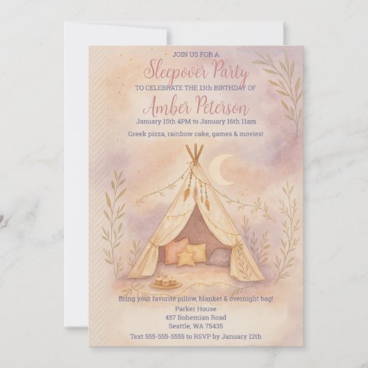 Girly Cozy Tent Maan en Sterren Boho Verjaardagsfe Kaart (Voorkant)