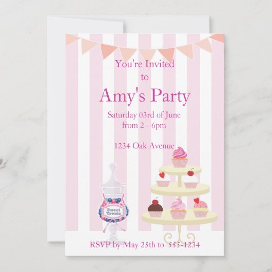 Girly Cupcakes en Candy Jar Birthday Invitation Kaart (Voorkant)