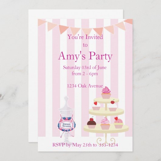 Girly Cupcakes en Candy Jar Birthday Invitation Kaart (Voorkant / Achterkant)