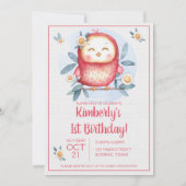 Girly Cute Bird First Birthday Invitation Kaart (Voorkant)
