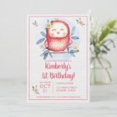 Girly Cute Bird First Birthday Invitation Kaart (Staand voorkant)