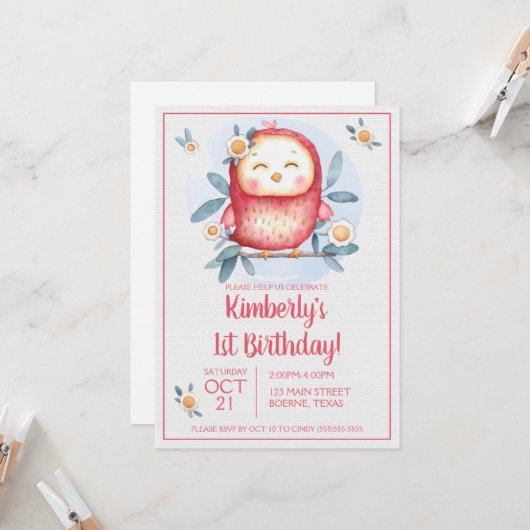 Girly Cute Bird First Birthday Invitation Kaart (Voorkant / Achterkant in situ)