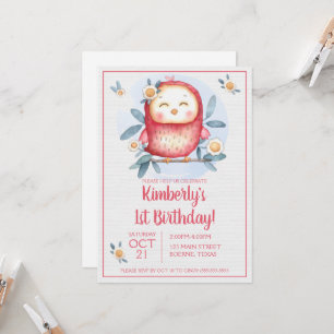 Girly Cute Bird First Birthday Invitation Kaart