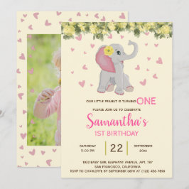 Girly Cute Elephant Waterverf Floral 1e verjaardag Kaart