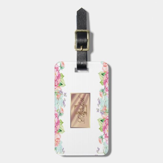 Girly Cute Floral, Lijst Monogram-Gepersonaliseerd Bagagelabel (Voorkant verticaal)
