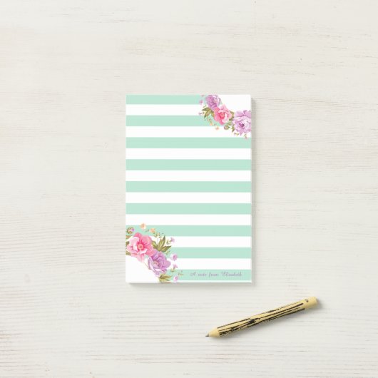 Girly Cute Floral, Mint Green Striped, Personalize Post-it® Notes (Op bureau)