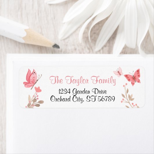 Girly Cute Floral Pink Butterflies Return Mailing Etiket (Insitu)
