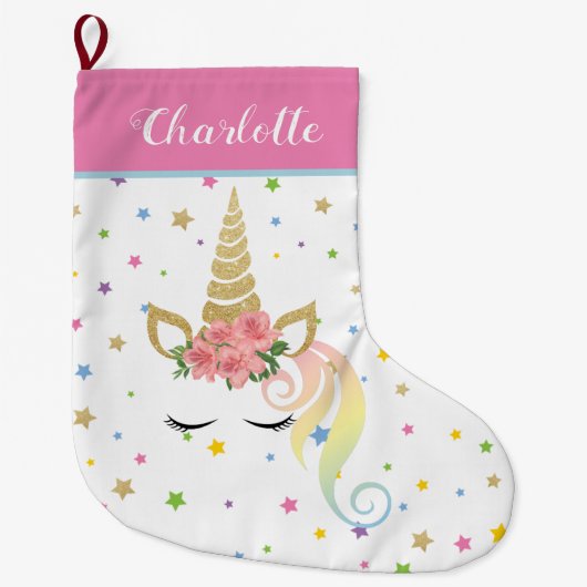 Girly Cute Magical Unicorn Personalized Grote Kerstsok (Voorkant)