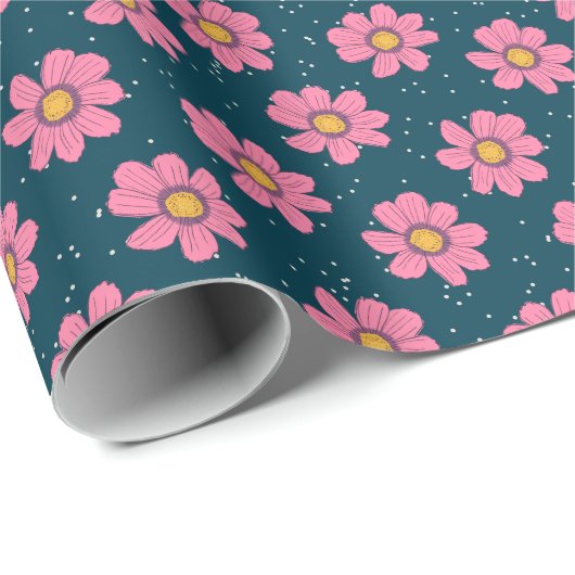 Girly Cute Modern Blue Pink Floral Flowers Cadeaupapier (Rol Hoek)