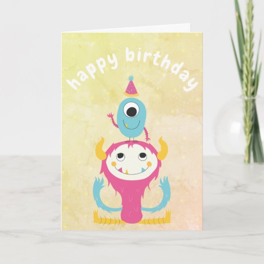 Girly Cute Monster Size Birthday Pink Yellow Kaart (Voorkant)