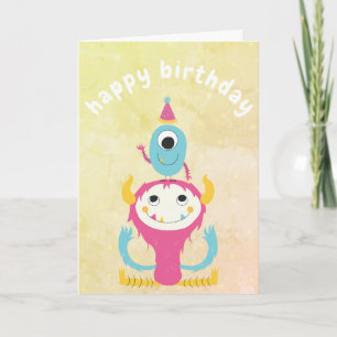 Girly Cute Monster Size Birthday Pink Yellow Kaart
