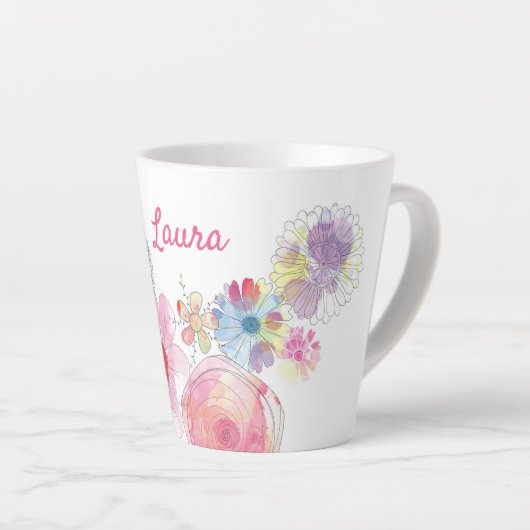Girly Cute Personalized Floral Waterverf Latte Mok (Rechterhoek)
