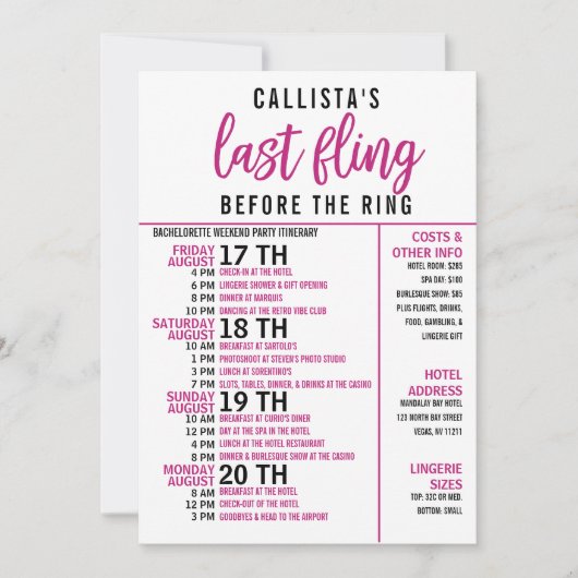 Girly Cute Pink Black Bachelorette Party Itinerary Kaart (Voorkant)