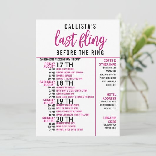 Girly Cute Pink Black Bachelorette Party Itinerary Kaart (Staand voorkant)
