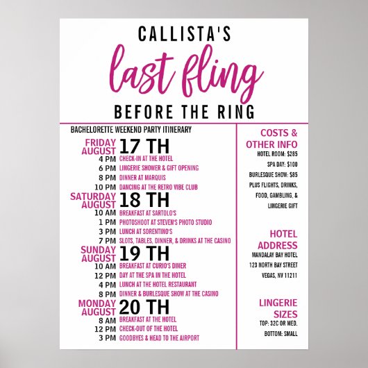 Girly Cute Pink Black Bachelorette Party Itinerary Poster (Voorkant)
