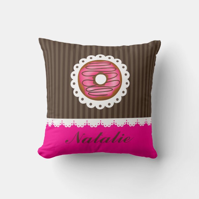 Girly Cute Pink & Brown Donut Persoonlijke naam Kussen (Voorkant)