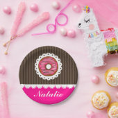 Girly Cute Pink & Brown Donut Persoonlijke naam Papieren Bordje (Feest)
