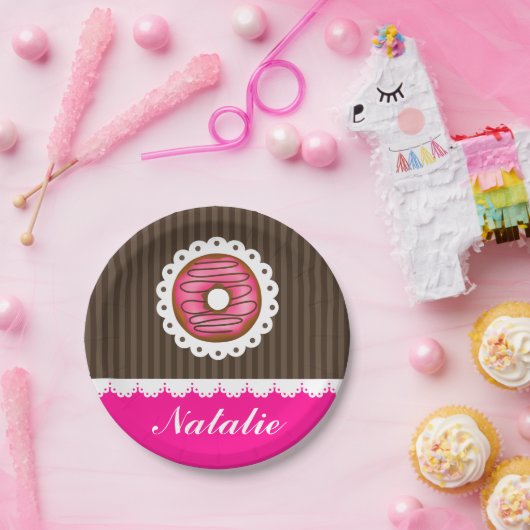 Girly Cute Pink & Brown Donut Persoonlijke naam Papieren Bordje (Feest)
