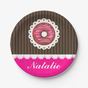 Girly Cute Pink & Brown Donut Persoonlijke naam Papieren Bordje