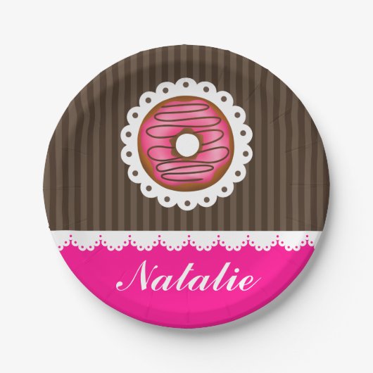 Girly Cute Pink & Brown Donut Persoonlijke naam Papieren Bordje (Voorkant)