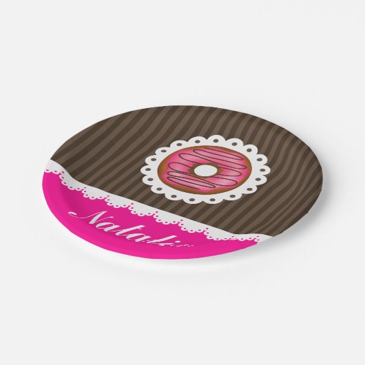 Girly Cute Pink & Brown Donut Persoonlijke naam Papieren Bordje (Gekanteld)