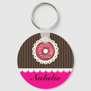 Girly Cute Pink & Brown Donut Persoonlijke naam Sleutelhanger