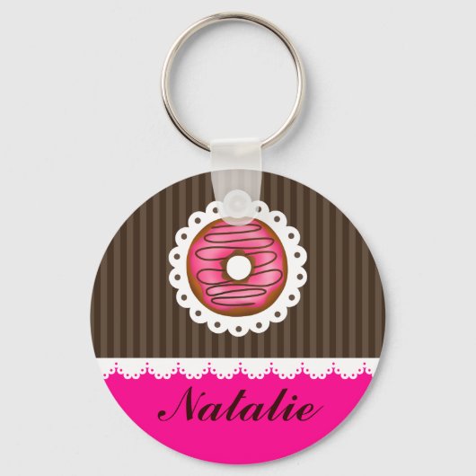 Girly Cute Pink & Brown Donut Persoonlijke naam Sleutelhanger (Voorkant)