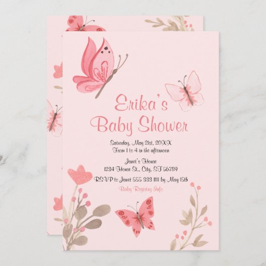 Girly Cute Pink Butterflies Baby shower Kaart (Voorkant / Achterkant)