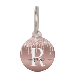 Girly Cute Roos Gold Glitter Monogram Script Huisdierpenning