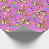 Girly Cute Sloth Pink Pattern Baby shower Birthday Cadeaupapier (Hoek)