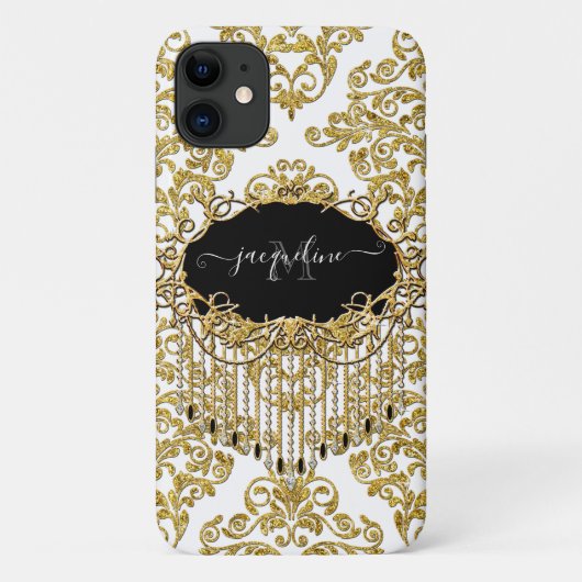 Girly Damask Gold Glitter Sparkle Monogram Naam Case-Mate iPhone Case (Achterkant)