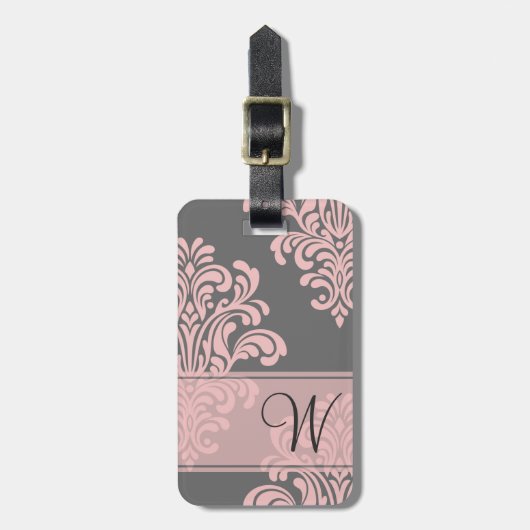 Girly Damask Monogram Bagagelabel (Voorkant verticaal)