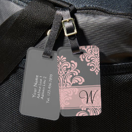 Girly Damask Monogram Bagagelabel