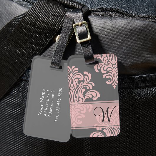 Girly Damask Monogram Bagagelabel
