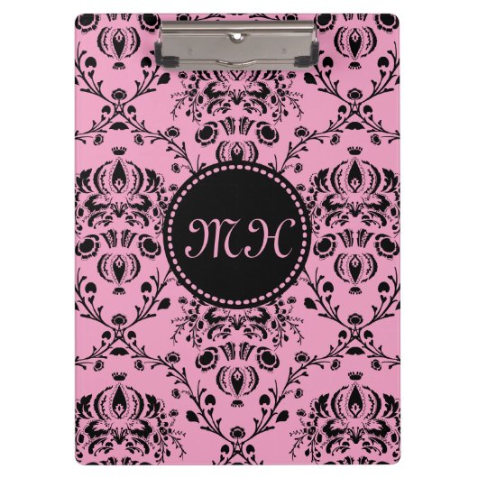 Girly Damask Monogrammed Elegant Classy Pink Black Klembord (Voorkant)