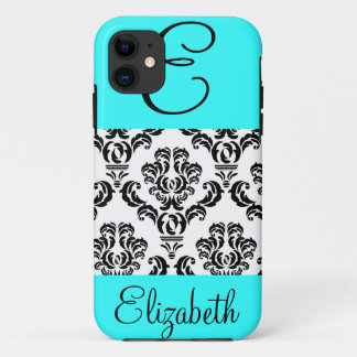 Girly Damask Pattern met Monogram en naam iPhone 11 Hoesje
