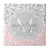 Girly Damask Swirls Pink and Grey Monogrammed Tegeltje (Voorkant)