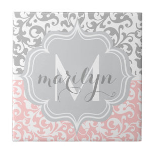 Girly Damask Swirls Pink and Grey Monogrammed Tegeltje