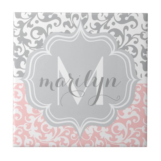 Girly Damask Swirls Pink and Grey Monogrammed Tegeltje (Voorkant)