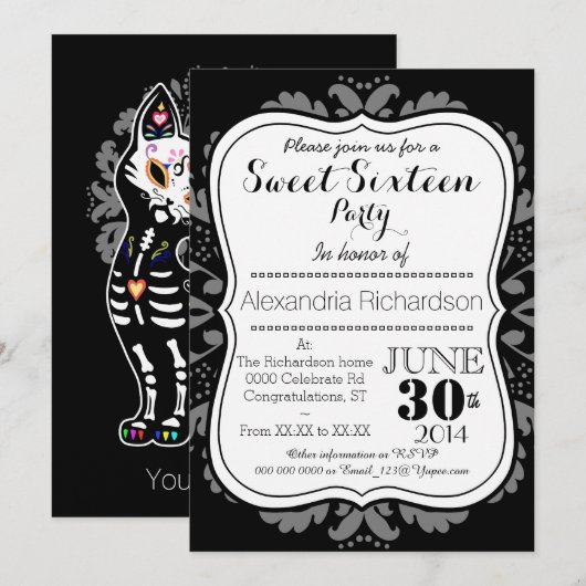 Girly Day of the Dead Cat Sweet Sixteen Kaart (Voorkant / Achterkant)