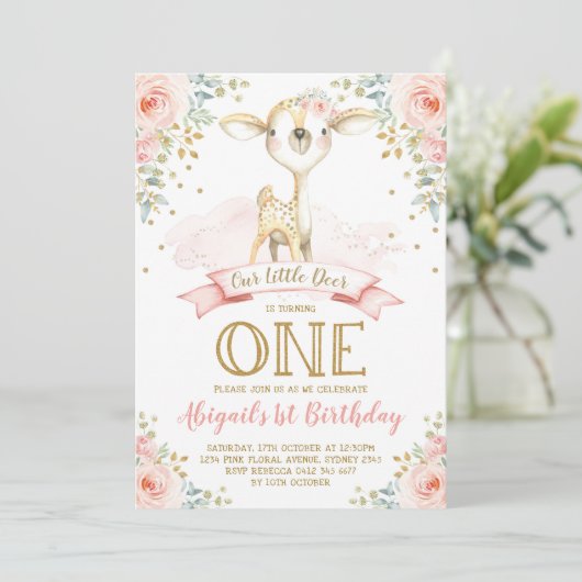 Girly Deer 1st Birthday Blush Gold Floral Woodland Kaart (Staand voorkant)