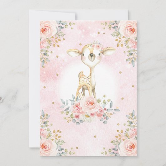 Girly Deer 1st Birthday Blush Gold Floral Woodland Kaart (Achterkant)