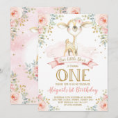 Girly Deer 1st Birthday Blush Gold Floral Woodland Kaart (Voorkant / Achterkant)