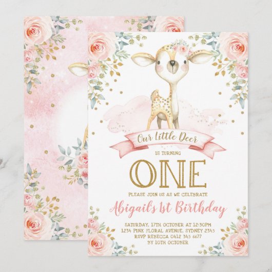Girly Deer 1st Birthday Blush Gold Floral Woodland Kaart (Voorkant / Achterkant)